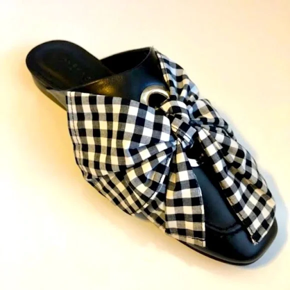 NWT FREDA SALVADOR Ono Black White Gingham Bow Tie Mule Flats 6 MSRP $325